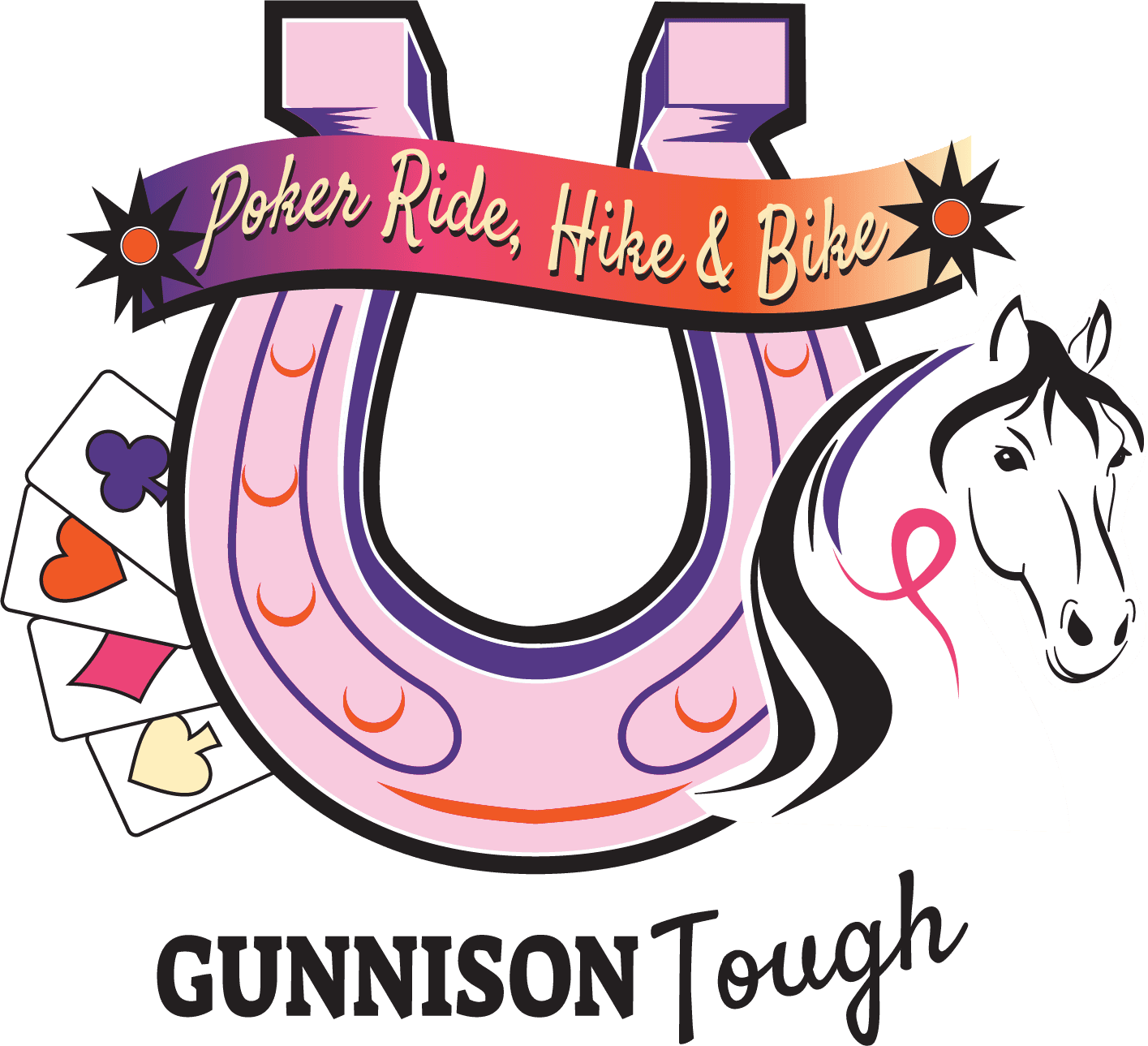 GT Poker Ride, Hike, and Bike logo featuring poker cards in Gunnison Tough colors, a horse shoe, and banner with the event name.