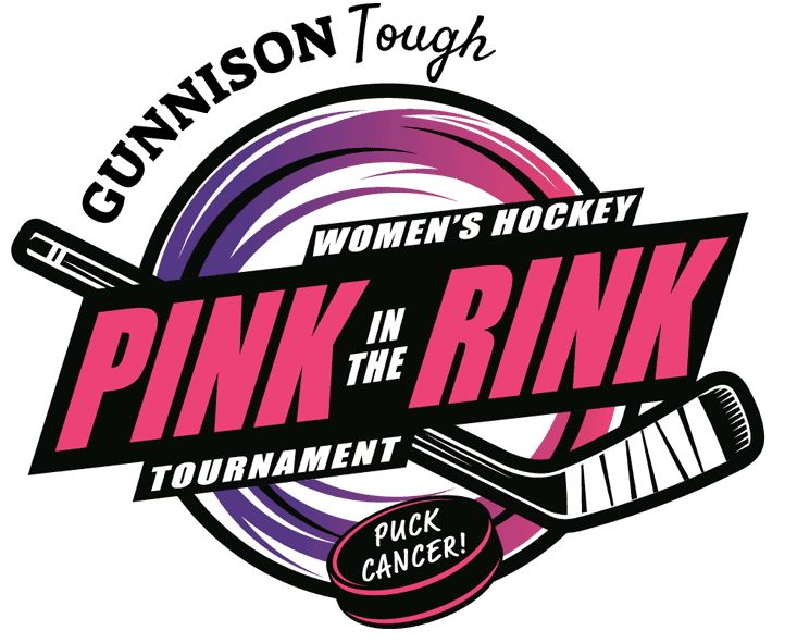 Pink in the Rink Logo with a hockey stick and a puck that says, "Puck Cancer".