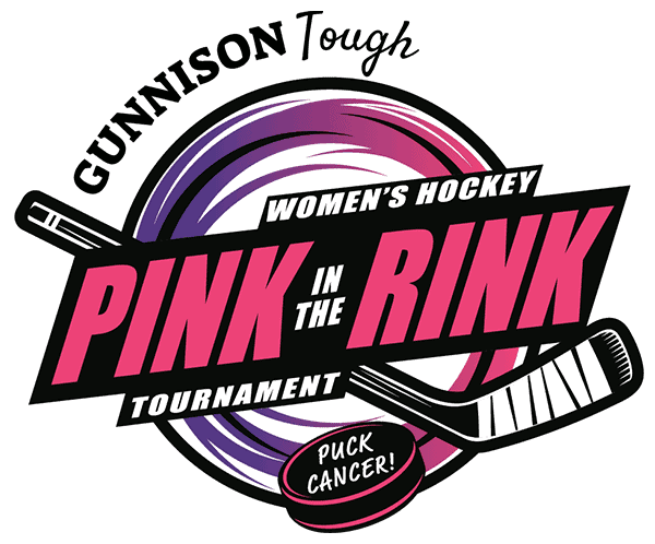 Pink in the Rink Logo with a hockey stick and a puck that says, "Puck Cancer".