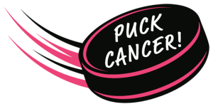 A hockey puck flies across the ice saying "Puck Cancer"!